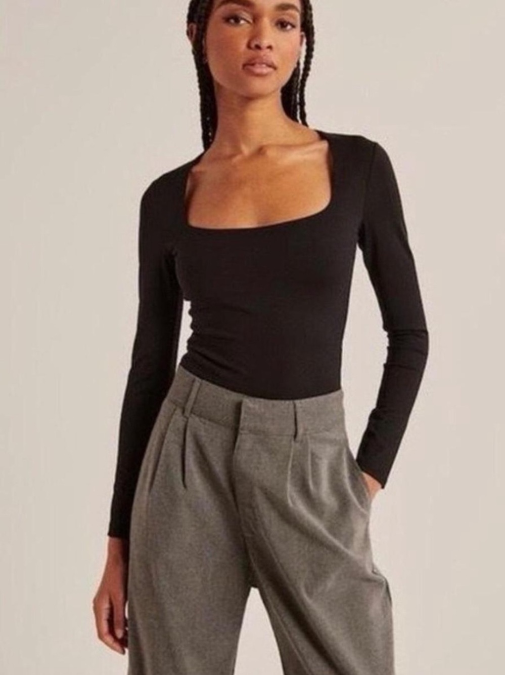 Abercrombie & Fitch Black Long-Sleeve Square Neck Bodysuit